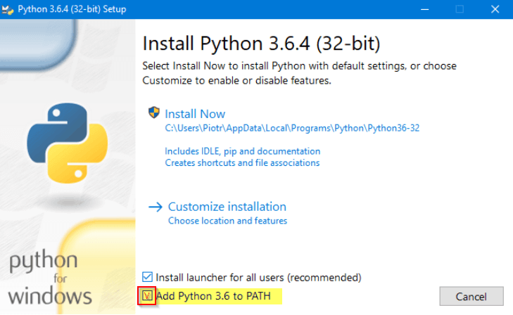 Printscreen z instalacji Python 3.6.4. Wyróżniony jest checkbox Add Python 3.6 to PATH.