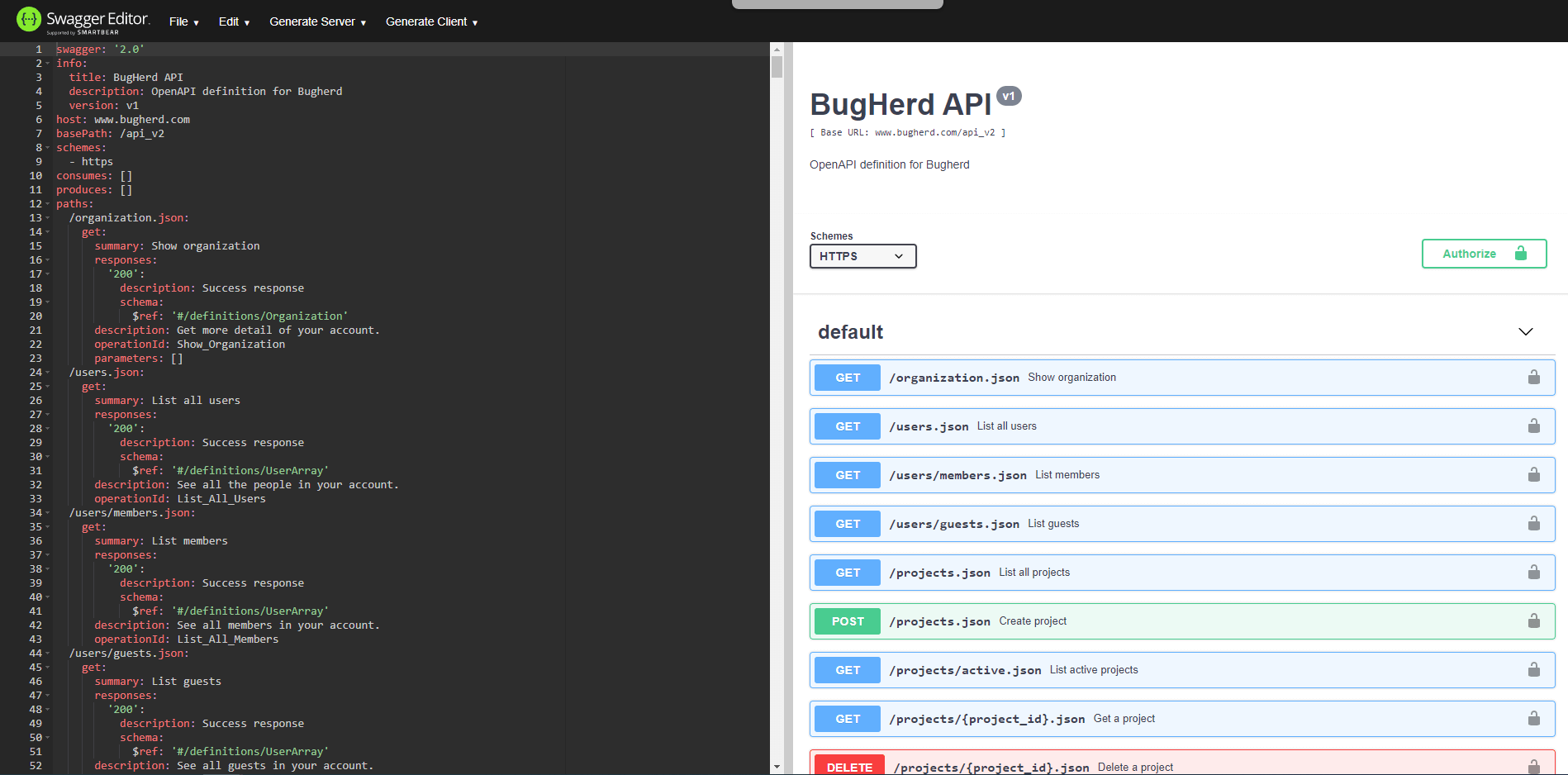 Figure 1:BugHerd API in Swagger Editor