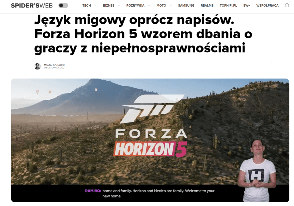 Zrzut ekranu przedstawiający artykuł na temat zastosowania języka migowego w grze Forza Horizon 5