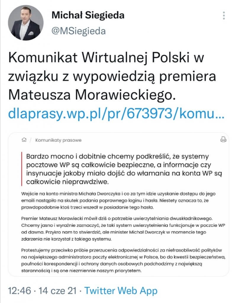 Komunikat rzecznika prasowego Wirtualnej Polski, który zawiera zdjęcie oświadczenie oraz link, kierujący do całości oświadczenia 