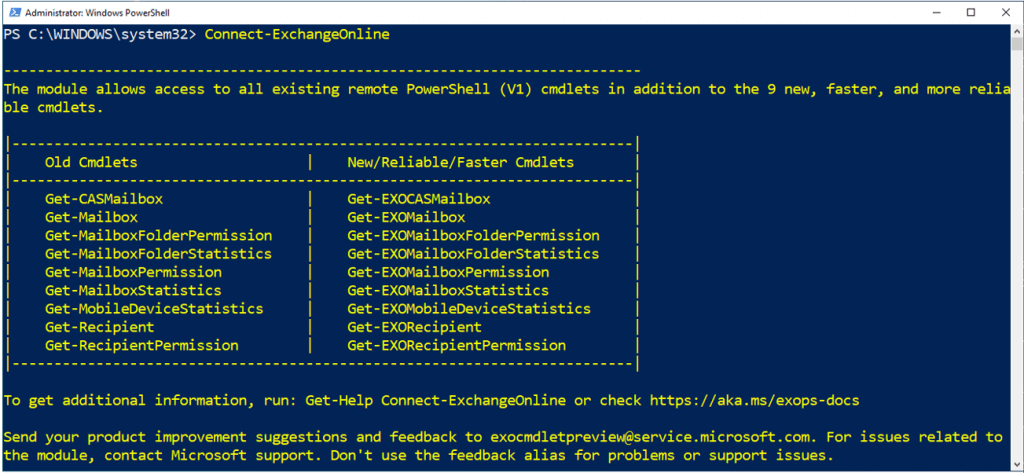 Fig. 6 Connect to Exchange Online 1024x473 - PowerShell – the mighty tool from Microsoft