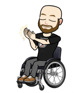 Grafika przedstawiająca osobę siedzącą na wózku inwalidzkim.