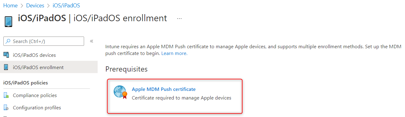 Kliknięcie na kafelek Apple MDM Push Certificate