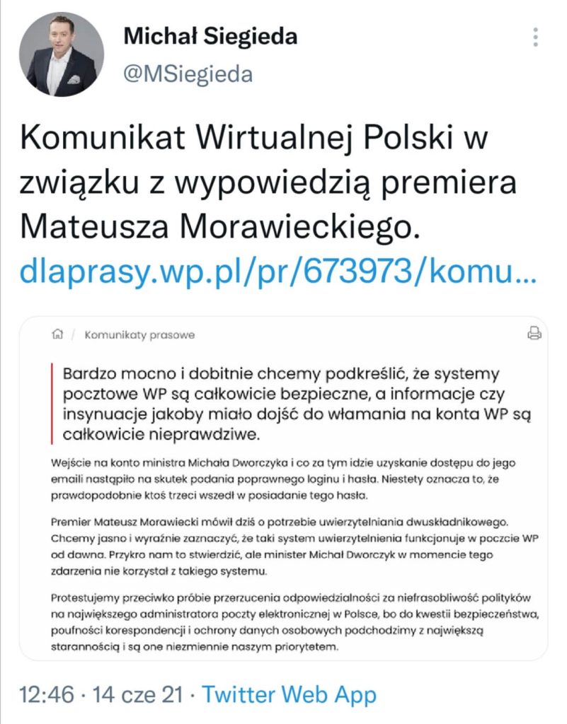 Komunikat rzecznika prasowego Wirtualnej Polski, który zawiera zdjęcie oświadczenie oraz link, kierujący do całości oświadczenia 
