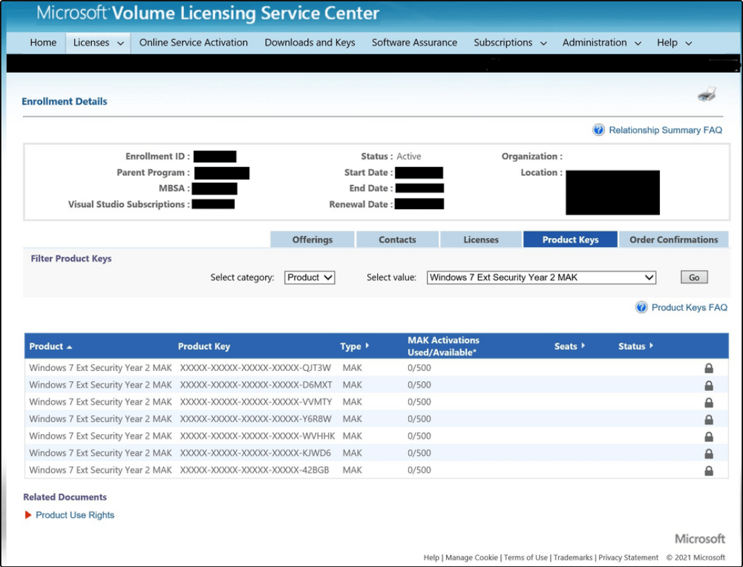 Wygląd strony Microsoft Volume Licensing Service Center – Zakup ESU