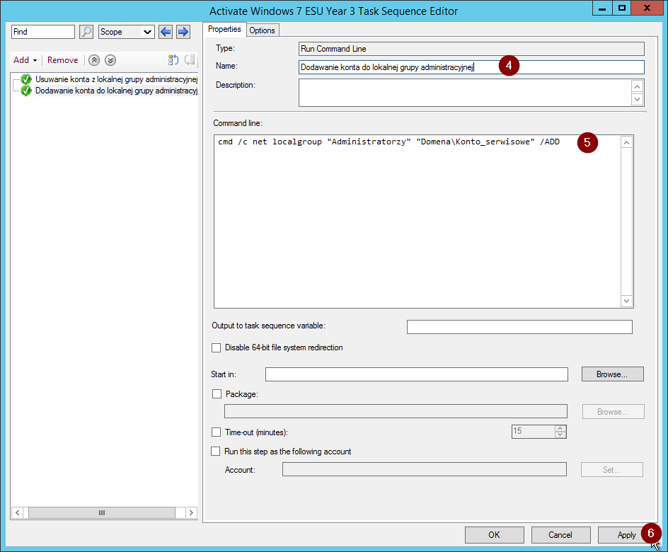 Widok okna Avtivate Windows 7 ESU Year 3 Task sequence Editor