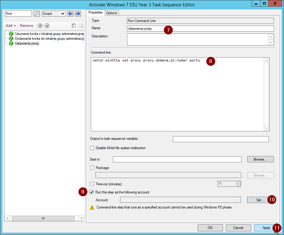 Widok okna Activate Windows 7 ESU Year 3 Task Sequence Edito