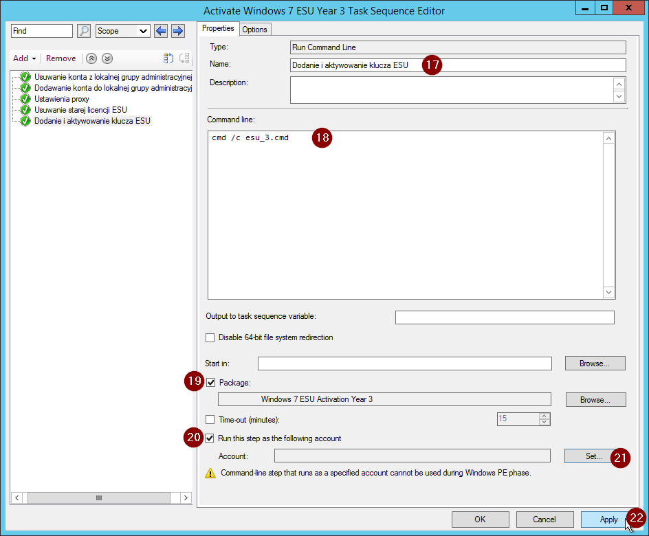 Widok okna Activate Windows 7 ESU Year 3 Task Sequence Editor