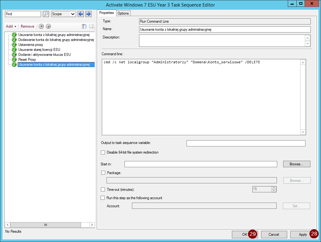 Widok okna Activate Windows 7 ESU Year 3 Task Sequence Edito