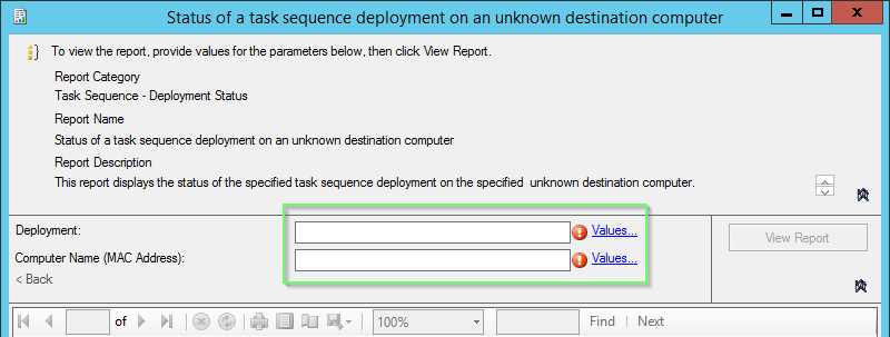 Widok okna Status of a task sequence deployment ona an unknown destination computer