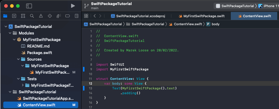 Adding import MyFirstSwiftPackage on top of your file