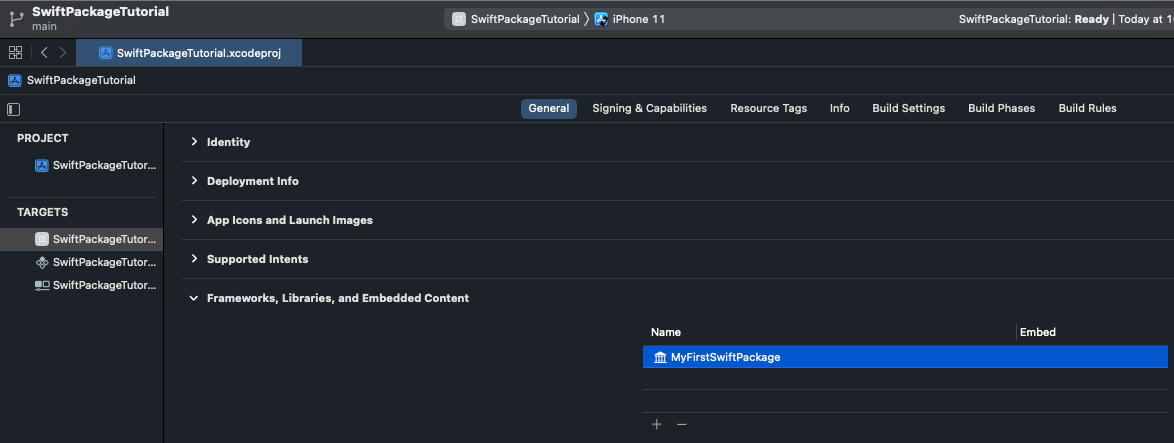 Selecting MyFirstSwiftPackage and pressing the minus (“-”) button