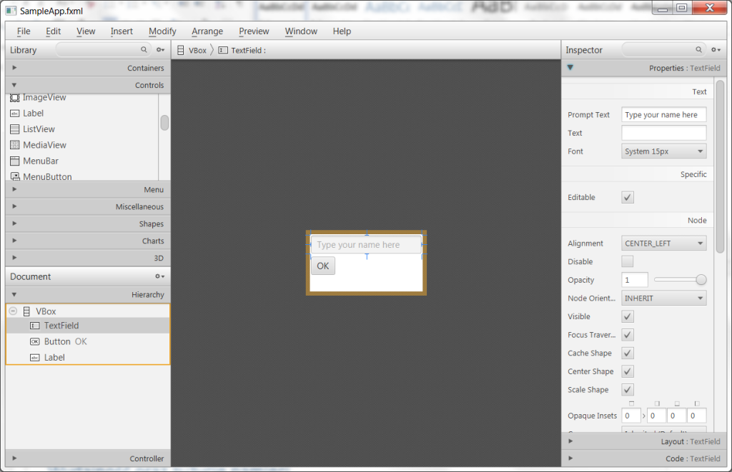 Ekran główny programu JavaFX Scene Builder