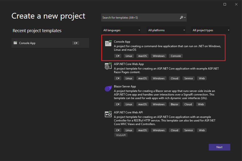 Ryc. 2 Wybór projektu aplikacji konsolowej w Visual Studio 2022