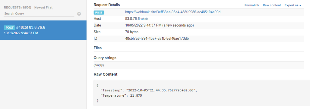 Fig. 5 HTTP request content sent by application viewed on webhook website