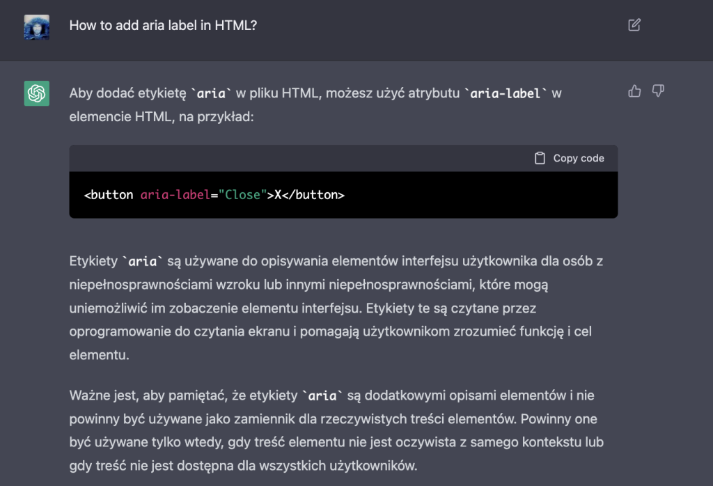 Odpowiedź ChatGPT na pytanie dotyczące dodania etykiety aria w HTML
