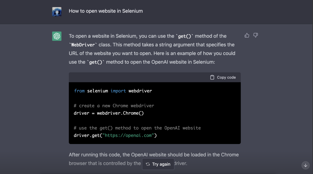 Odpowiedź ChatGPT na pytanie dotyczące otwarcia strony www w Selenium