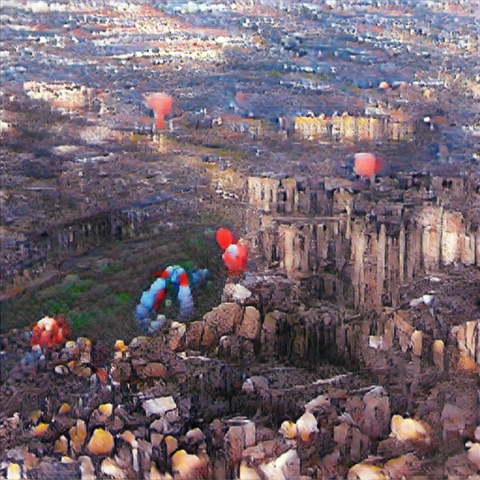 “balloons over the ruins of a city” (“balony nad ruinami miasta”) wytworzony przez BigSleep