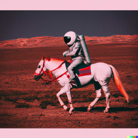 Ryc. 8 “An astronaut riding a horse in photorealistic style.” (“Astronauta jadący na koniu w stylu foto realistycznym.”), wygenerowany przez DALL-E(“podróżnik w czasie w tłumie”), wygenerowany przez DeepDaze
