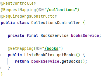 Deklaracja endpointu /collections/books w klasie CollectionsController przy użyciu Spring Framework