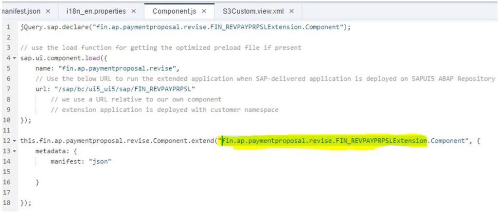 Fragment kodu z pliku component.js wskazujący nazwę rozszerzonej aplikacji