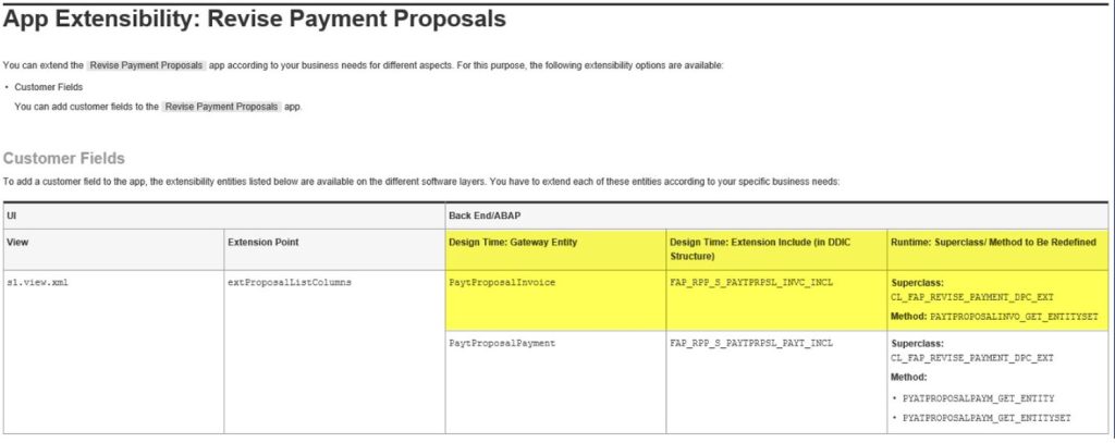 Fragment dokumentacji aplikacji „Revise Payment Proposals” dotyczący „customer fields”