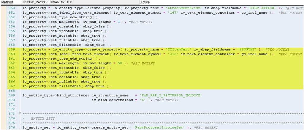 Fig. 25 Code fragment from the method ‘DEFINE_PAYTPROSOALINVOICE’ displaying new property
