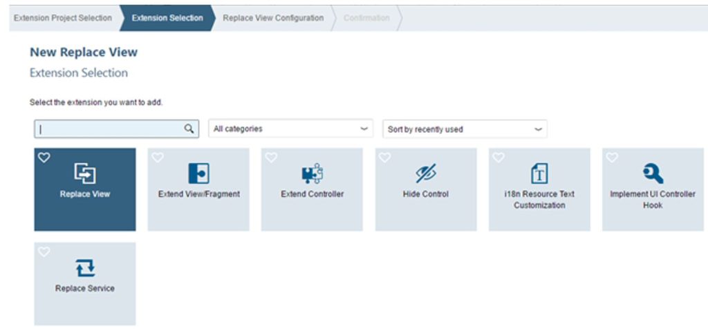 Widok opcji rozszerzeń dla zastąpienia oryginalnego widoku w SAP WEB IDE