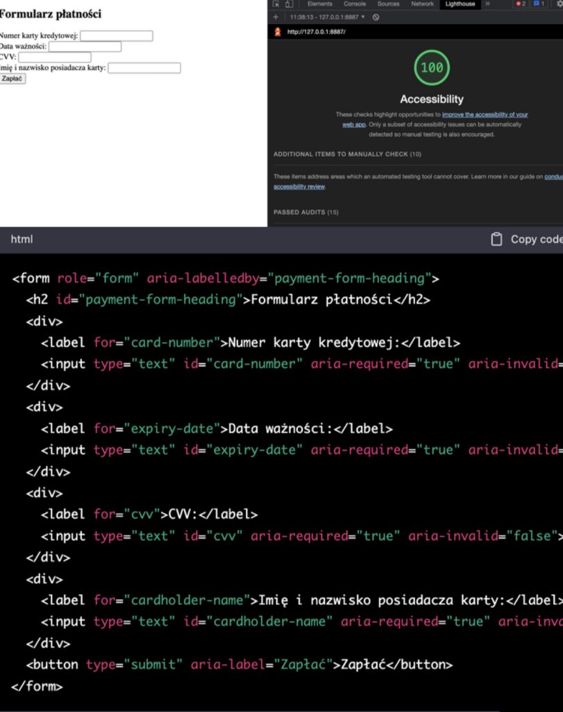 Widok formularza napisanego w HTML oraz oceny uzyskanej w Lighthouse i podgląd kodu wygenerowanego przez ChatGPT