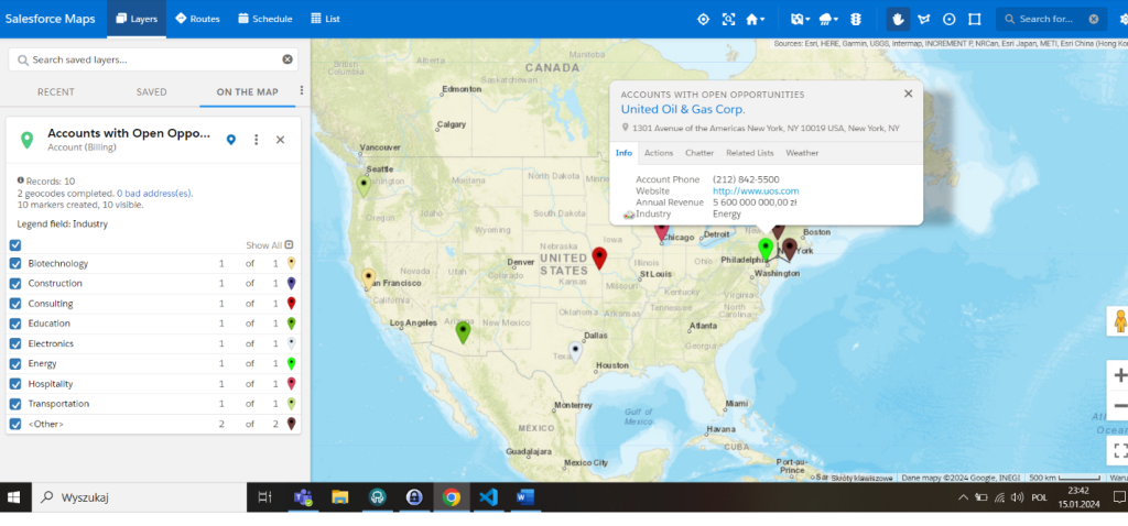 Salesforce Maps – klienci z otwartymi szansami sprzedaży, znaczniki i widok szczegółowy rekordu