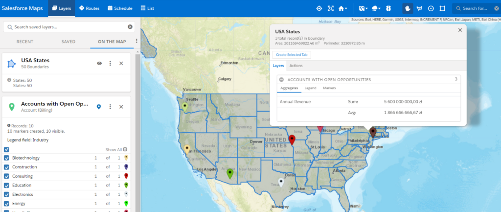 Salesforce Maps – terytoria z sumą przychodów dla stanów w USA