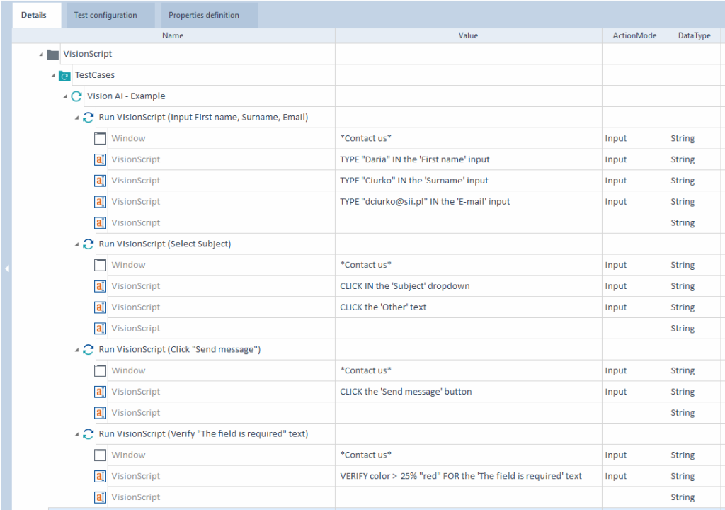 Example test using the "Run VisionScript" module