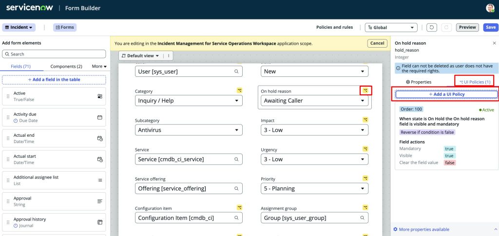 The yellow icon indicates fields affected by UI policies