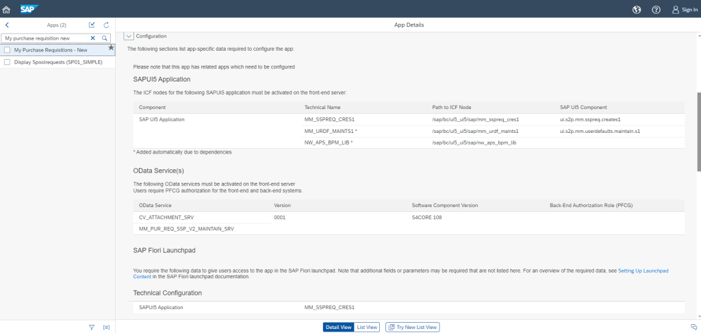 SAP Fiori Apps Reference – information about ICF and oData services used by the application