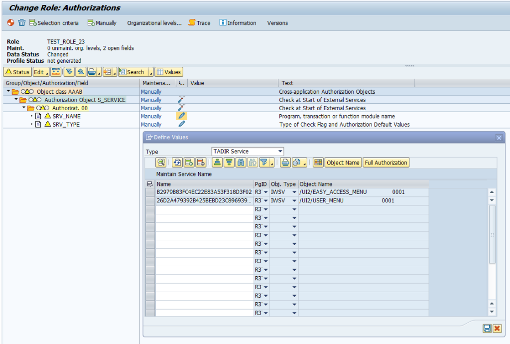 Transaction PFCG – adding oData Services as values to the authorization Object S_SERVICE in a role