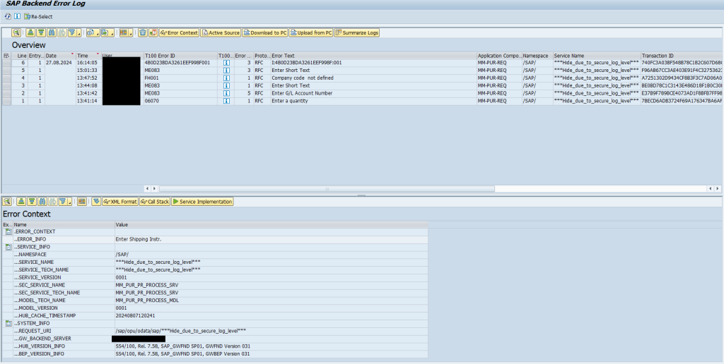 SAP Backend Error Log