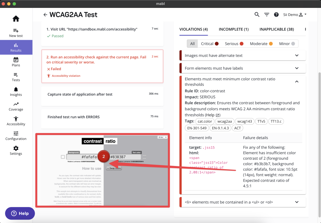 Podgląd raportu dostępności w Mabl wraz z por&oacute;wnaniem wyniku za pomocą narzędzia Contrast Ratio