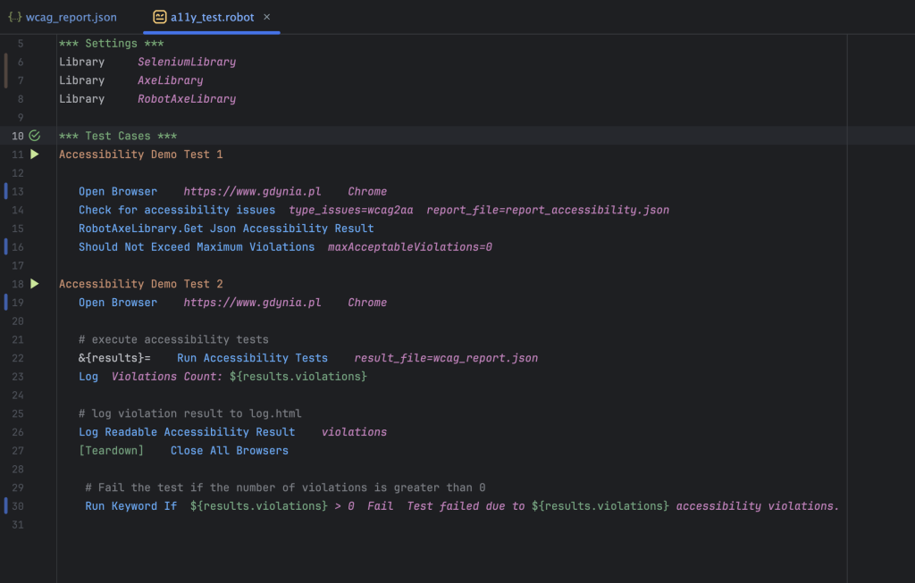 Podgląd kodu testującego dostępność w Robot Framework