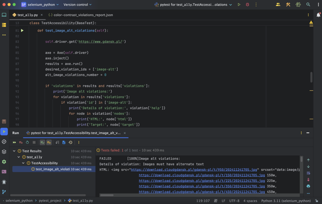 Przykład testu dostępności teksu alternatywnego przy użyciu Python i biblioteki selenium_axe_python