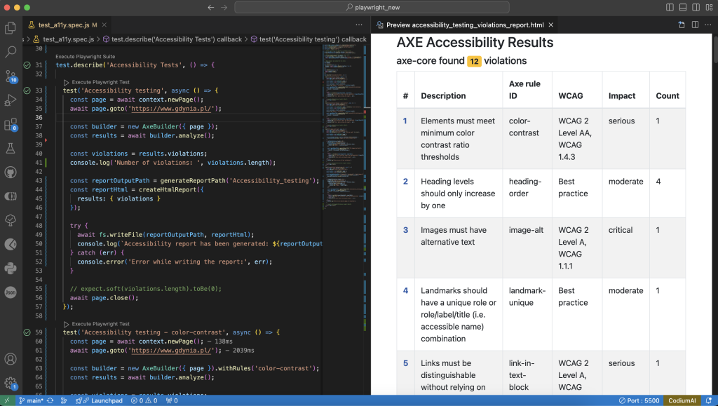 Podgląd kodu oraz raportu utworzonego za pomocą Playwrighta