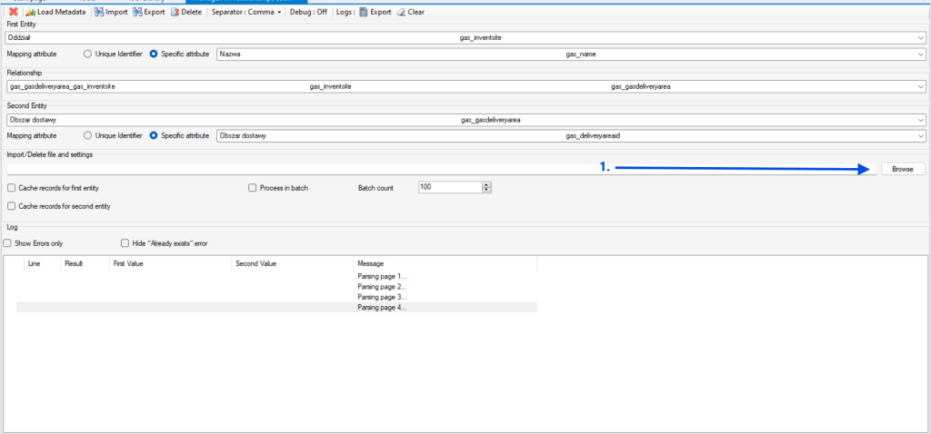 Import danych za pomocą Manage NN relationships