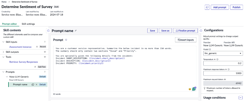 Przykładowy skill w Now Assist Skill Kit (źr&oacute;dło: ServiceNow Community)