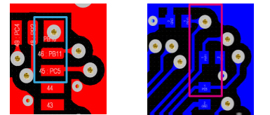 The sensitive GPIOs decoupling capacitors placement recommendation on the bottom layer of 2-layer PCB [1]