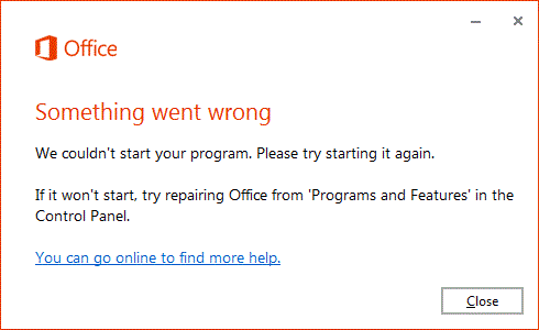 This is a Microsoft Office message that appears when the program launches incorrectly. The message provides additional instructions on how to fix the problem and a link to additional online help.
