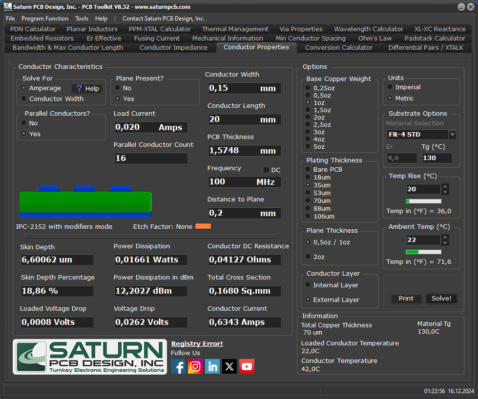 The calculated min. Track width for the 500 mA power tracks using the Saturn PCB design tool [7]