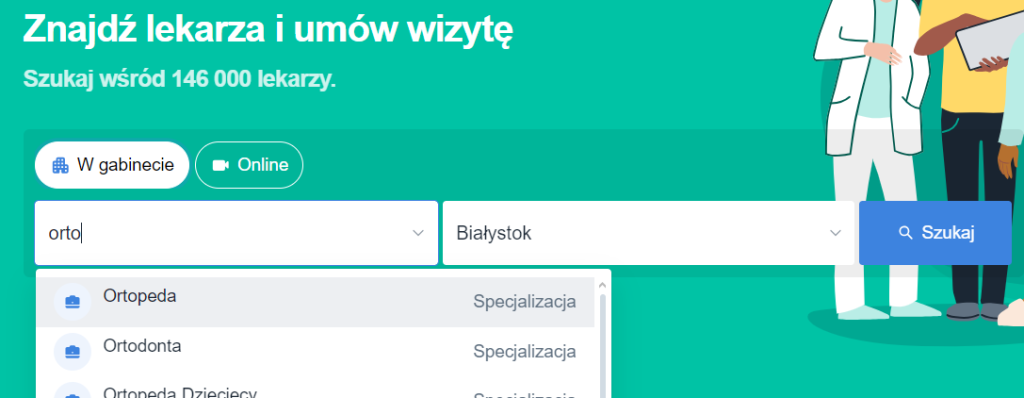 Platforma znanylekarz.pl oferuje autosugestie w momencie wpisywania haseł w wyszukiwarkę