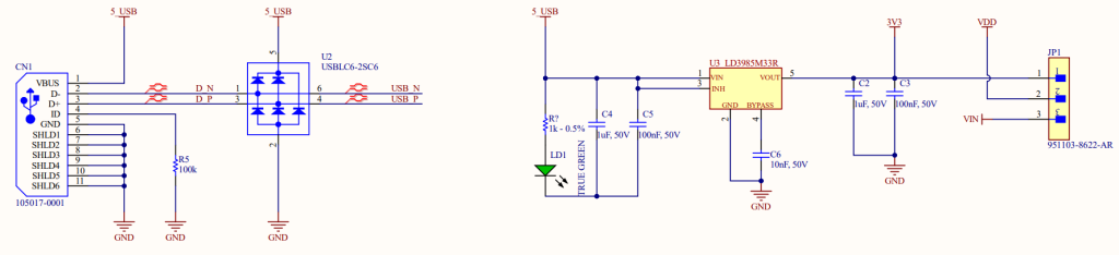 Since the STM32WB5MMG module can be powered from our PC's USB port, the recommendation is to apply an external tiny low-drop voltage regulator to down 5 V input power to an operation range of the IC. The good practice is adding external TVS diodes for all the external connector inputs, especially for the fast interface differential lines such as USB positive and negative terminals. A weak pulldown is also necessary by the micro USB-B receptacle standard. The green LED indicator and headers for external power supply capabilities are optional. The USB port can be also efficiently used for flashing of both MCUs using DFU capabilities [1]