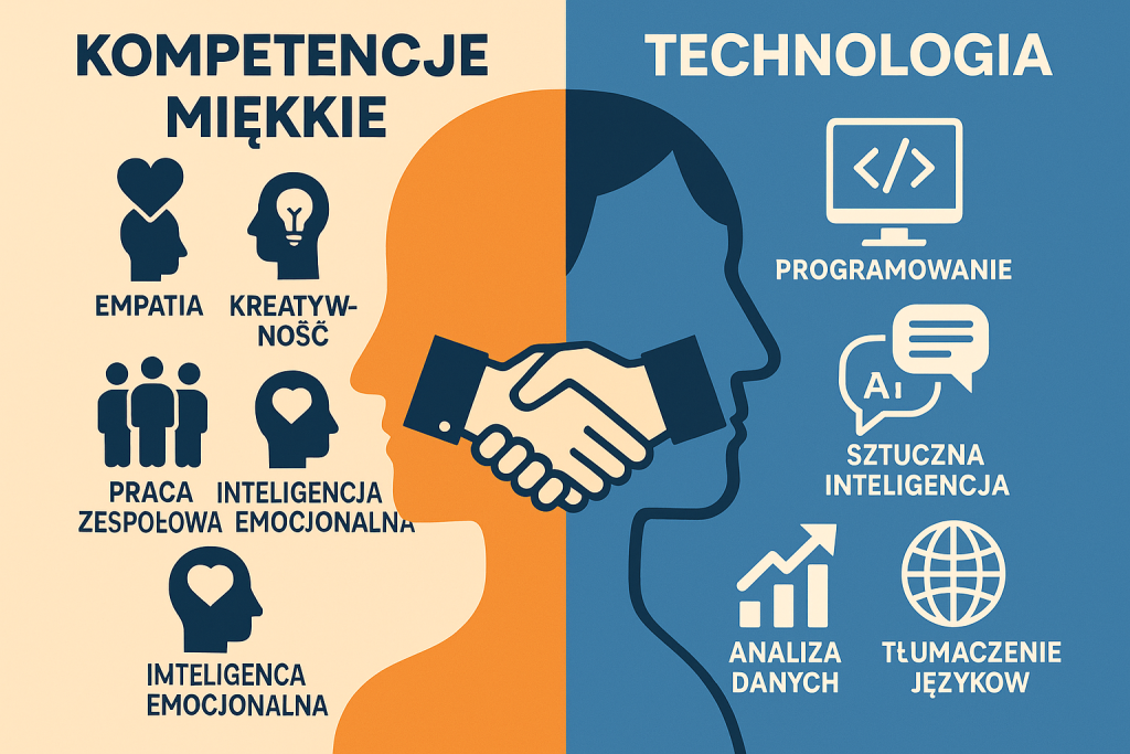Ryc. 3 Jak pogodzić kompetencje miękkie z rozwojem technologii (grafika wygenerowana przez AI) Jak pogodzić kompetencje miękkie z rozwojem technologii