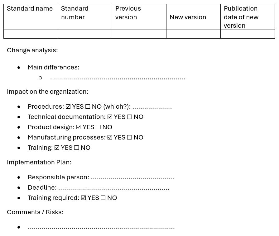 Template for assessing a new version of the standard