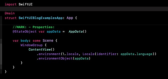 Code snippet 4: Root view aplikacji uwzględniający parametry lokalizacji